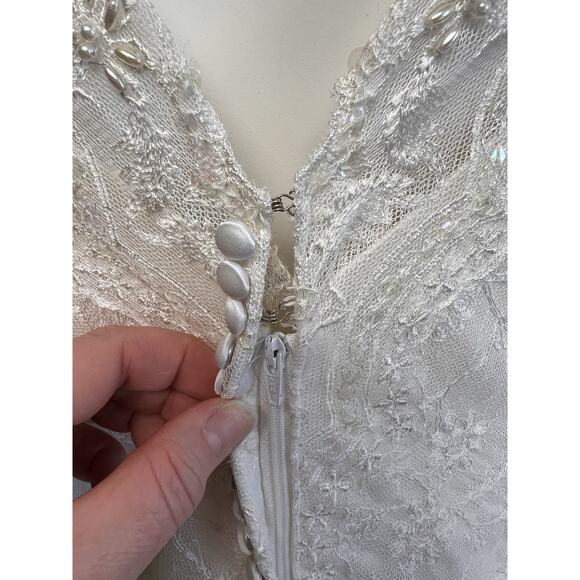 Vintage 90s Wedding Gown Dress Lace Chiffon Beaded Sequin Elegant V- Neck Sz 18 - Picture 8 of 16